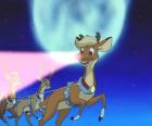 Rudolph the Reindeer flying in front of the magical reindeers of Santa's sleigh