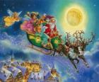 Santa Claus's sleigh flying over houses during Christmas Eve