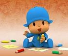Pocoyo sitting on the floor and making a drawing on a sheet of paper
