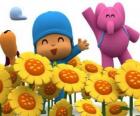 Pocoyo and his friends in a field of sunflowers