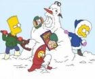 Bart, Lisa and Maggie make a snowman