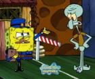 SpongeBob dressed as a policeman asks a pass to Squidward Tentacles