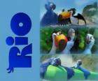 Logo of Rio the movie with three of its protagonists: the macaws Blu, Jewel and the tucan Rafael