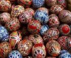 Pile of Easter eggs with geometric decoration