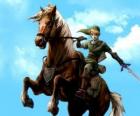 Link on horseback with a sword in the adventures of The Legend of Zelda video game