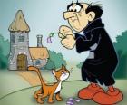 The evil warlock Gargamel and his cat Azrael, the enemies of the Smurfs