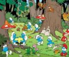 The Smurfs working in the forest, collecting food