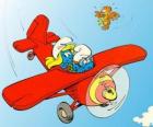 Smurf and Smurfette a flying a red plane