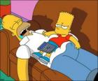 Bart sits on Homer's belly