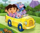 Dora and her friends in a small car