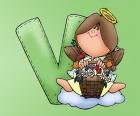 Letter V accompanied by angel with a basket of flowers and sitting on the cloud