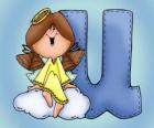 Letter U and the angel with yellow dress, sitting on a cloud