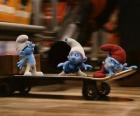 Papa Smurf, Brainy Smurf and Gutsy Smurf and skateboarding escape Gargamel