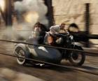 Tintin driving a sidecar with their friends in one of his adventures