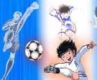 The footballer Tsubasa Ozora and his friend Genzo Wakabayashi who plays as goalkeeper