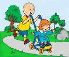 Caillou taking a walk with little sister in the stroller