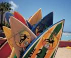 Surfboards in the sand on the beach in summertime
