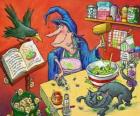 Witch preparing a magic potion with the weird ingredients