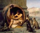 The Greek philosopher Diogenes of Sinope, within his barrel, on the streets of Athens