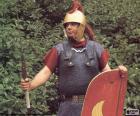 A Roman soldier, a legionary armed with pilum (spear), sword, helmet, armor and shield