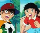 The footballer Tsubasa Ozora and his friend Genzo Wakabayashi who plays as goalkeeper