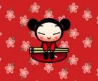 Pucca with the chopsticks over a floral background