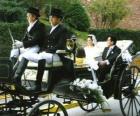 The newlyweds leaving the ceremony in a horse-drawn carriage