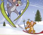 Tom and Jerry in the snow with skis