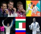 Men's individual Sabre podium, Áron Szilágyi (Hungary), Diego Occhiuzzi (Italy) and Nikolai Kovalev (Russia) - London 2012-