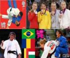 Podium Judo women's - 48 kg, Sarah Menezes (Brazil), Alina Dumitru (Romania), Charline Van Snick (Belgium), and Eva Csernoviczki (Hungary) - London 2012 -