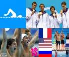 Men's swimming 4x100m freestyle relay podium, France, United States and Russia - London 2012 -