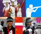 Podium shooting, women's 10 m air rifle, Yi Siling (China), easy Bogacka (Poland) and Yu Dan (China)