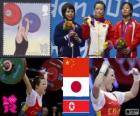 Weightlifting women's 48 kg podium, Wang Mingjuan (China), Hiromi Miyake (Japan) and Ryang Chun-Hwa (North Korea) - London 2012 -