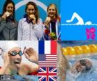 Swimming women's 400m freestyle podium, Camille Muffat (France), Allison Schmitt (United States) and Rebecca Adlington (United Kingdom) - London 2012 -