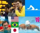 Swimming 400m individual medley men's podium, Ryan Lochte (United States), Thiago Pereira (Brazil) and Kosuke Hagino (Japan) - London 2012 - 