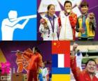 Podium shooting, women's 10 m air pistol, Guo Wenjun (China), Céline Goberville (France) and Olena Kostevych (Ukraine) - London 2012 -