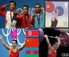 Weightlifting men's 56kg podium, Om Yun-Chol (North Korea), Wu Jingbao (China) and Valentin Hristov (Azerbaijan) - London 2012 -