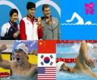 Swimming men's 400 metre freestyle podium, Sun Yang (China), Park Tae-Hwan (South of Korea) and Peter Vanderkaay (United States) - London 2012 -