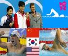 Swimming men's 400 metre freestyle podium, Sun Yang (China), Park Tae-Hwan (South of Korea) and Peter Vanderkaay (United States) - London 2012 -