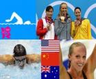 Swimming Women's 100 metre butterfly podium, Dana Vollmer (United States), Lu Ying (China) and Alicia Coutts (Australia) - London 2012 -