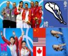 Diving Women's synchronized 3 metre springboard podium, He Zi, Wu Minxia (China), Kelci Bryant, Abigail Johnston (United States) and Jennifer Abel, Emilie Heymans (Canada) - London 2012 -