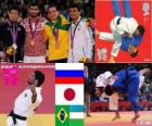 Judo men's - 60 kg podium, Arsen Galstian (Russia), Hiroaki Hiraoka (Japan) and Philip Kitadai (Brazil), (Uzbekistan) - London 2012 - Rishod Sobirov