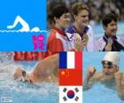 Swimming men's 200 metre freestyle podium, Yannick Agnel (France), Sun Yang (China) and Park Tae-Hwan (South Korea) - London 2012 -