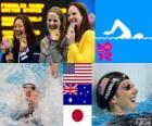 Swimming Women's 100 metre backstroke podium, Missy Franklin (United States), Emily Seebohm (Australia) and Aya Terakawa (Japan) - London 2012 -