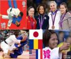 Judo women's - 57kg podium, Kaori Matsumoto (Japan), Corina Căprioriu (Romania) and Marti Malloy (United States), Automne Pavia (France) - London 2012-