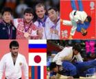 Judo men's - 73kg podium, Mansur Isayev (Russia), Riki Nakaya (Japan), and Nyam-Ochir Sainjargal (Mongolia), Legrand Ugo (France) - London 2012 -