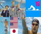 Swimming men's 100 metre backstroke podium, Matt Grevers, Nick Thoman (United States) and Ryosuke Irie (Japan) - London 2012 -