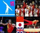 Gymnastics men's Team all-around podium, China, Japan, and United Kingdom - London 2012-