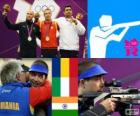 Shooting men's 10 metre air rifle podium, Alin George Moldoveanu (Romania), Niccolo Campriani (Italy) and Gagan Narang (India) - London 2012 -