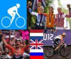 Women's road cycling podium, Marianne Vos (Netherlands) Elizabeth Armitstead (United Kingdom) and Olga Zabelinskaya (Russia) - London 2012 -